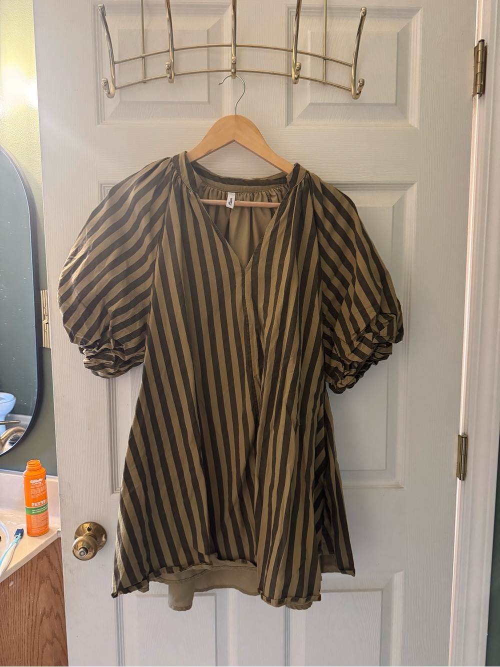 glam Olive and Black Striped Puff-Sleeve V-Neck Tunic